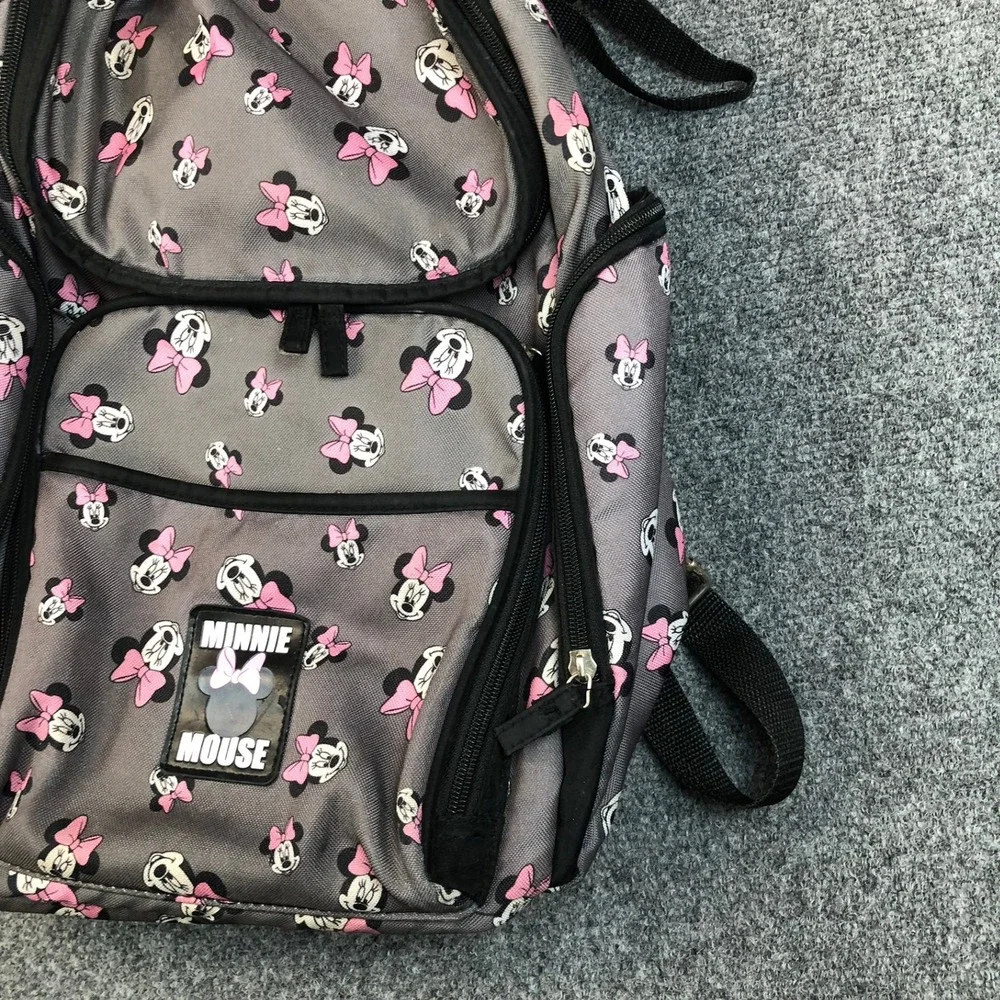 Disney Minnie Mouse Diaper Bag Backpack Grey Pink Bow Print Multi Pocket